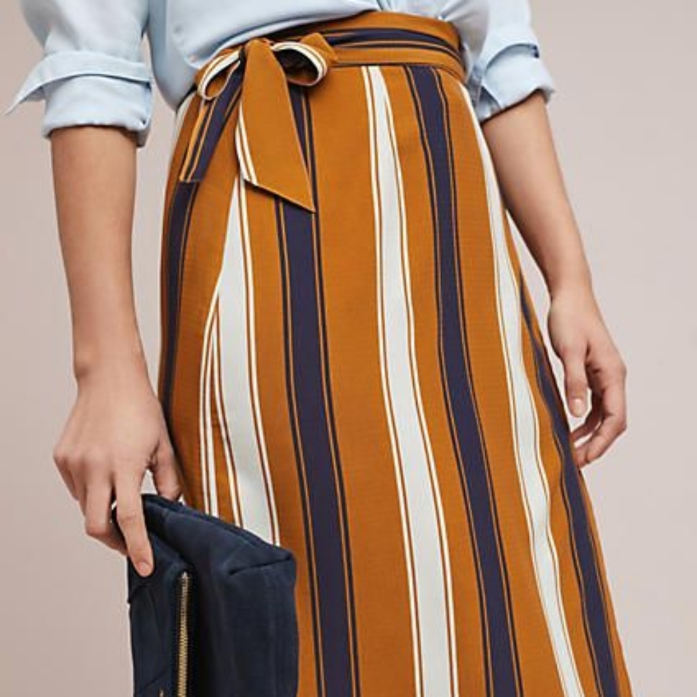 Porridge Clothing Womens Melody Striped Wrap Skirt XL Mustard Yellow/Blue Stripe